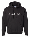 Black M.A.N.F.Y. embroidered premium pullover hoodie front view