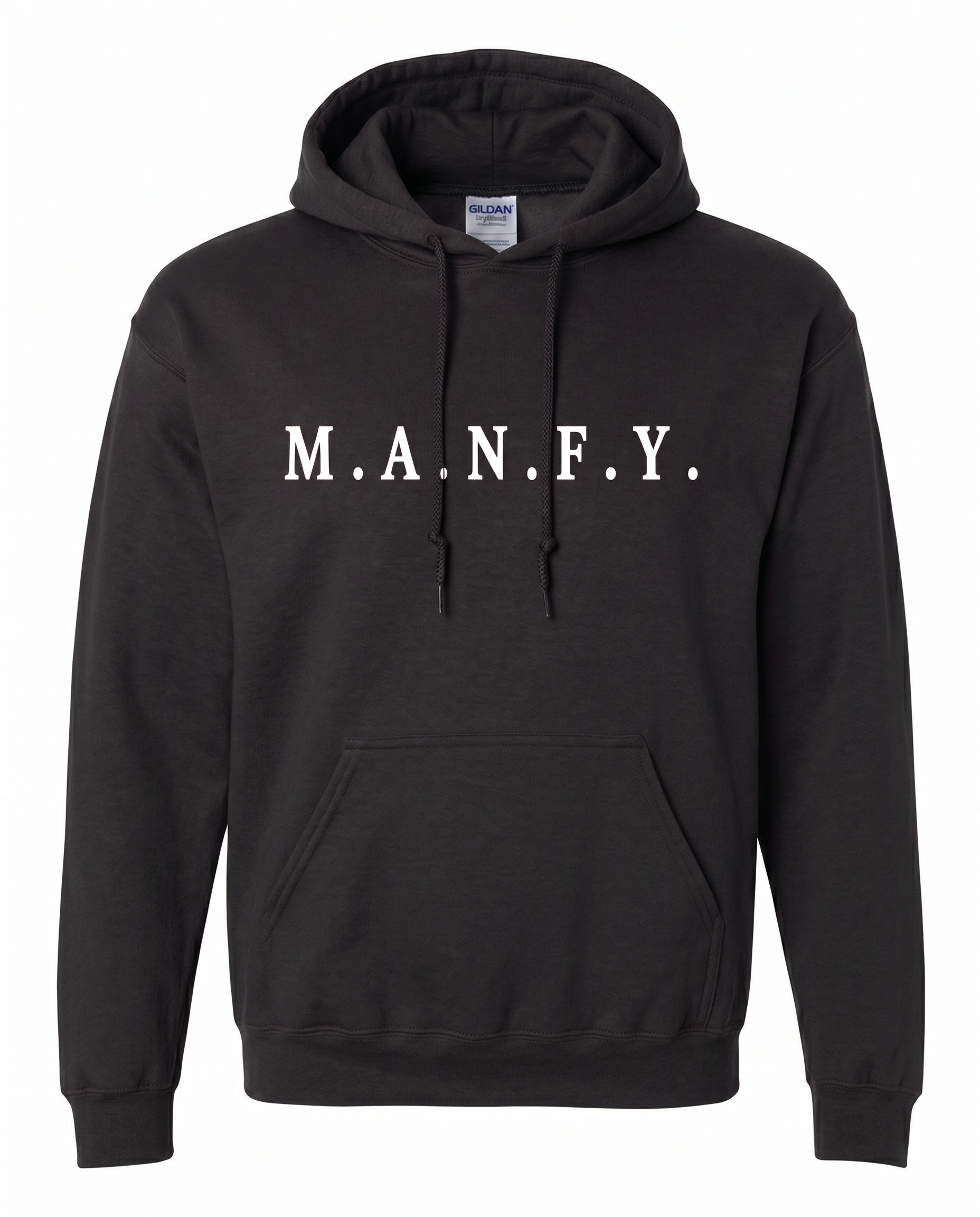 Black M.A.N.F.Y. embroidered premium pullover hoodie front view