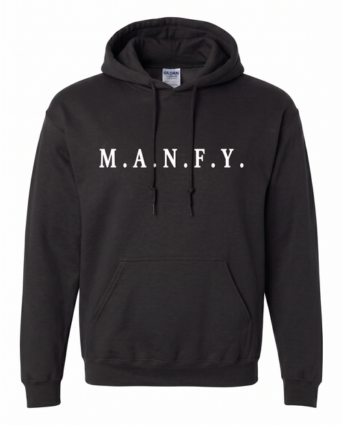 Black M.A.N.F.Y. embroidered premium pullover hoodie front view