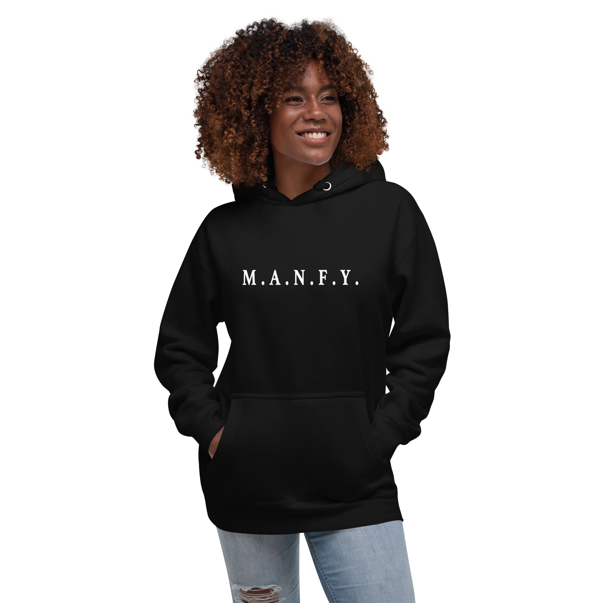 Female model wearing black M.A.N.F.Y. embroidered streetwear hoodie