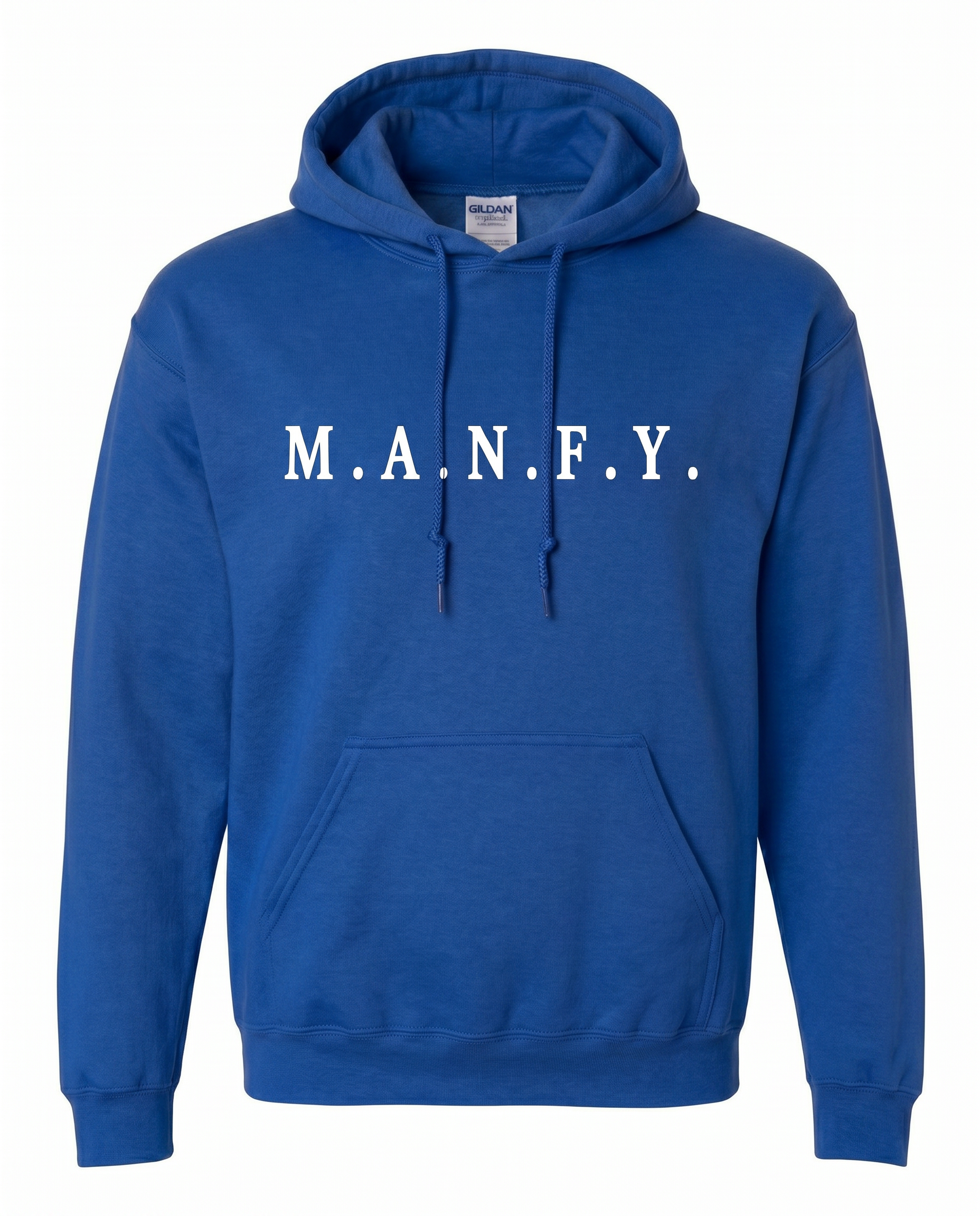 Blue M.A.N.F.Y. embroidered premium pullover hoodie front view