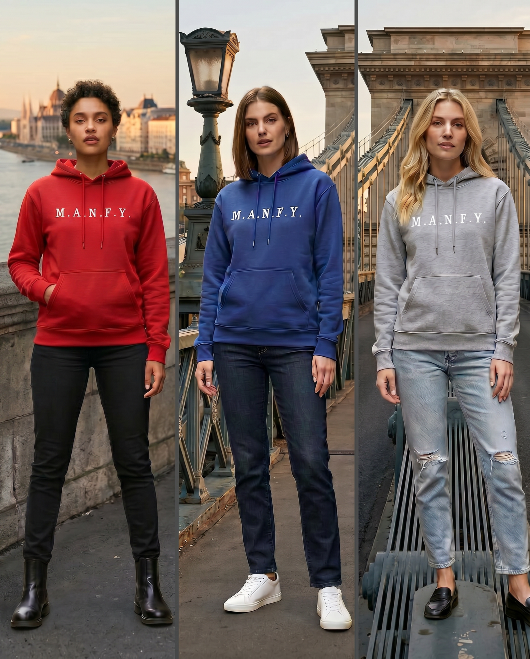 Three women modeling M.A.N.F.Y. hoodies in red blue and gray colorways on urban bridge walkway