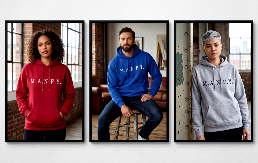 Three models wearing red blue and gray M.A.N.F.Y. premium embroidered hoodies