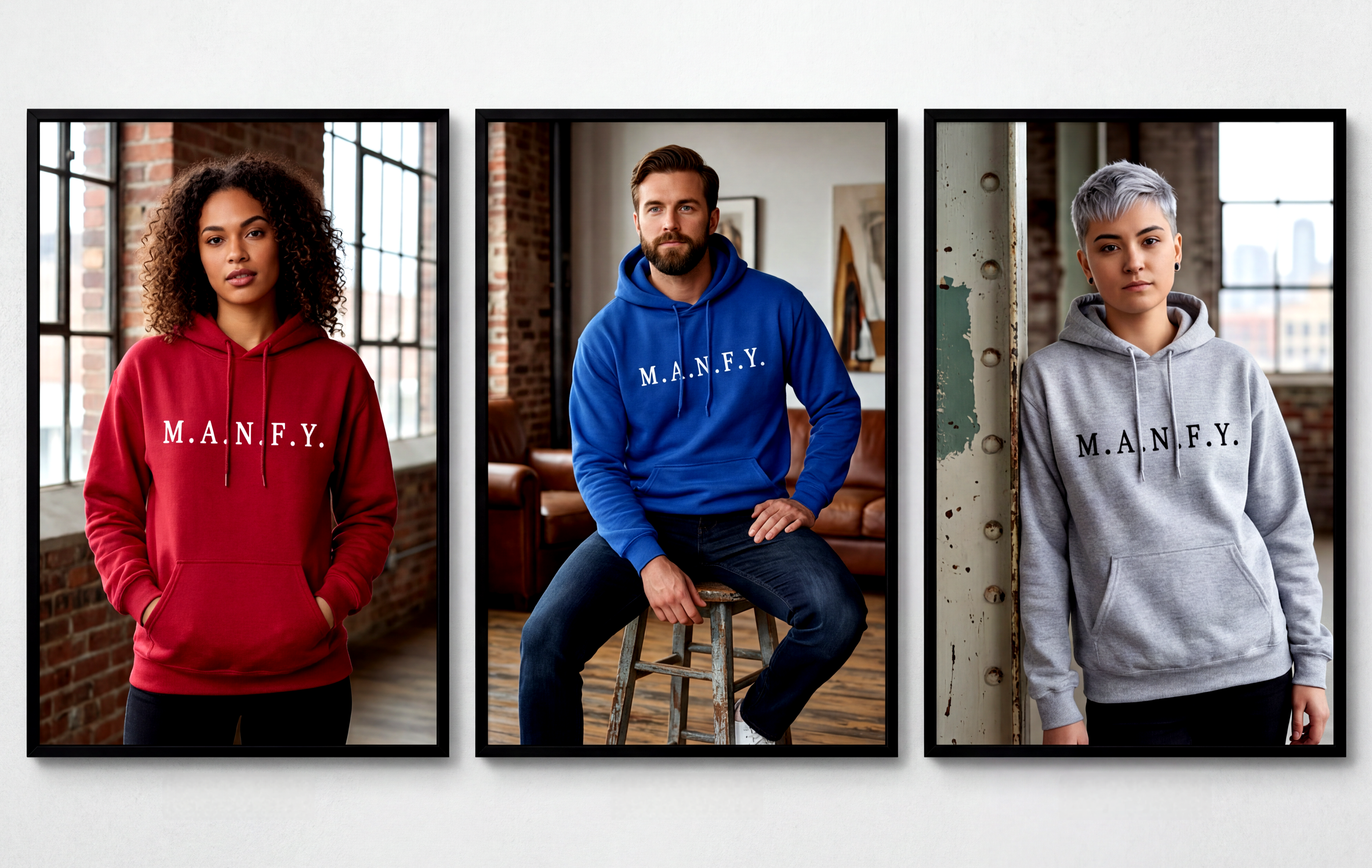Three models wearing red blue and gray M.A.N.F.Y. premium embroidered hoodies