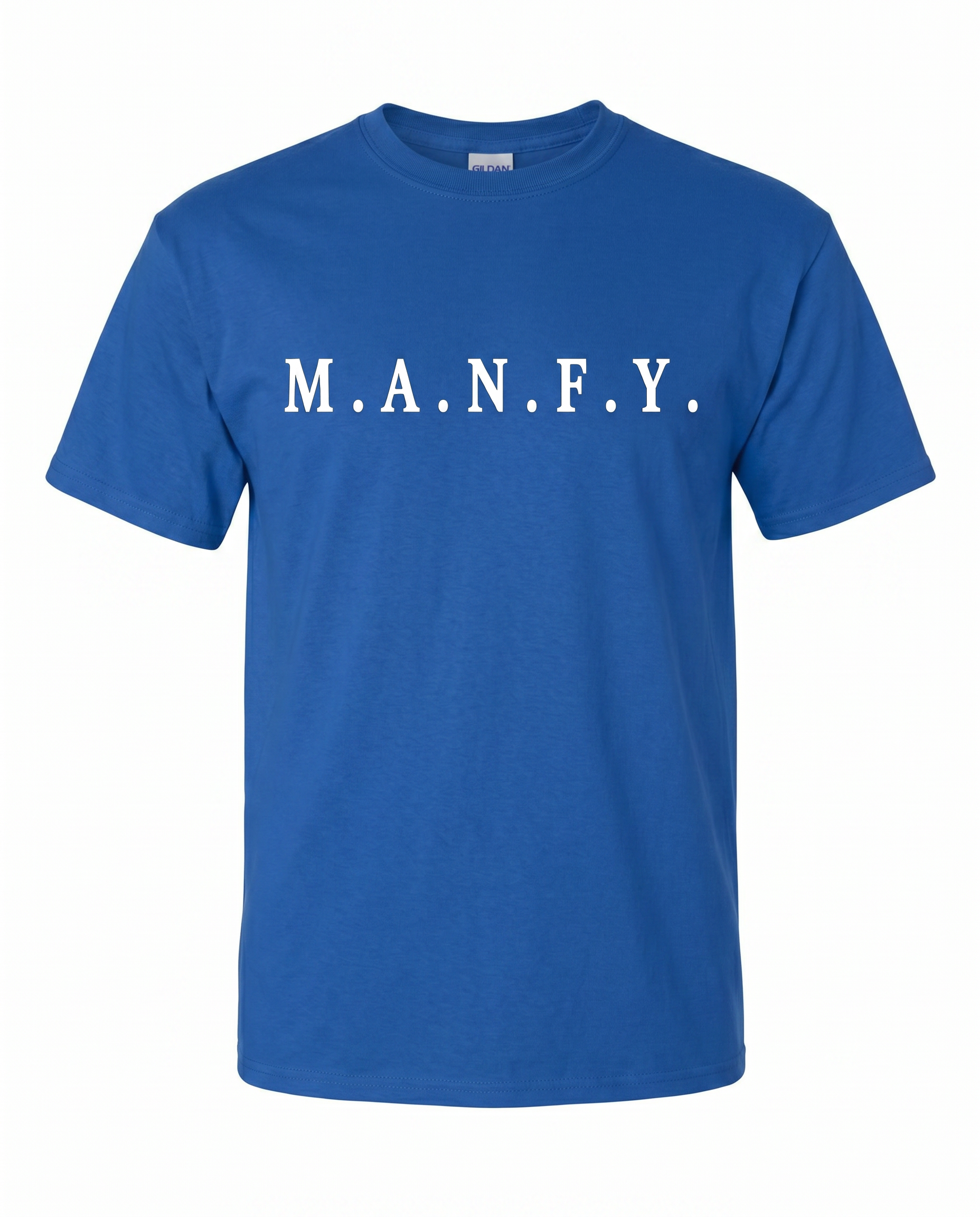 Blue M.A.N.F.Y. premium short sleeve tee with white logo lettering