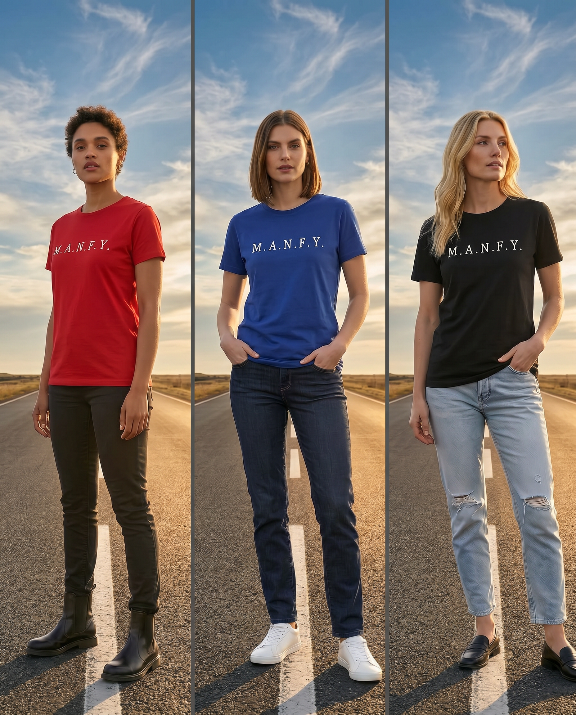 Three models wearing red, blue, and black M.A.N.F.Y. core tees outdoors