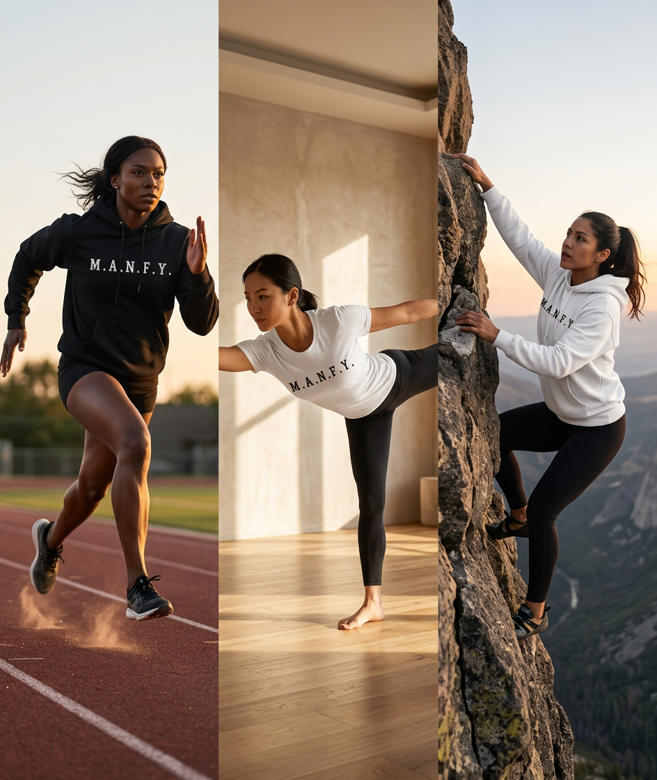 Women wearing M.A.N.F.Y. apparel while running stretching and climbing outdoors