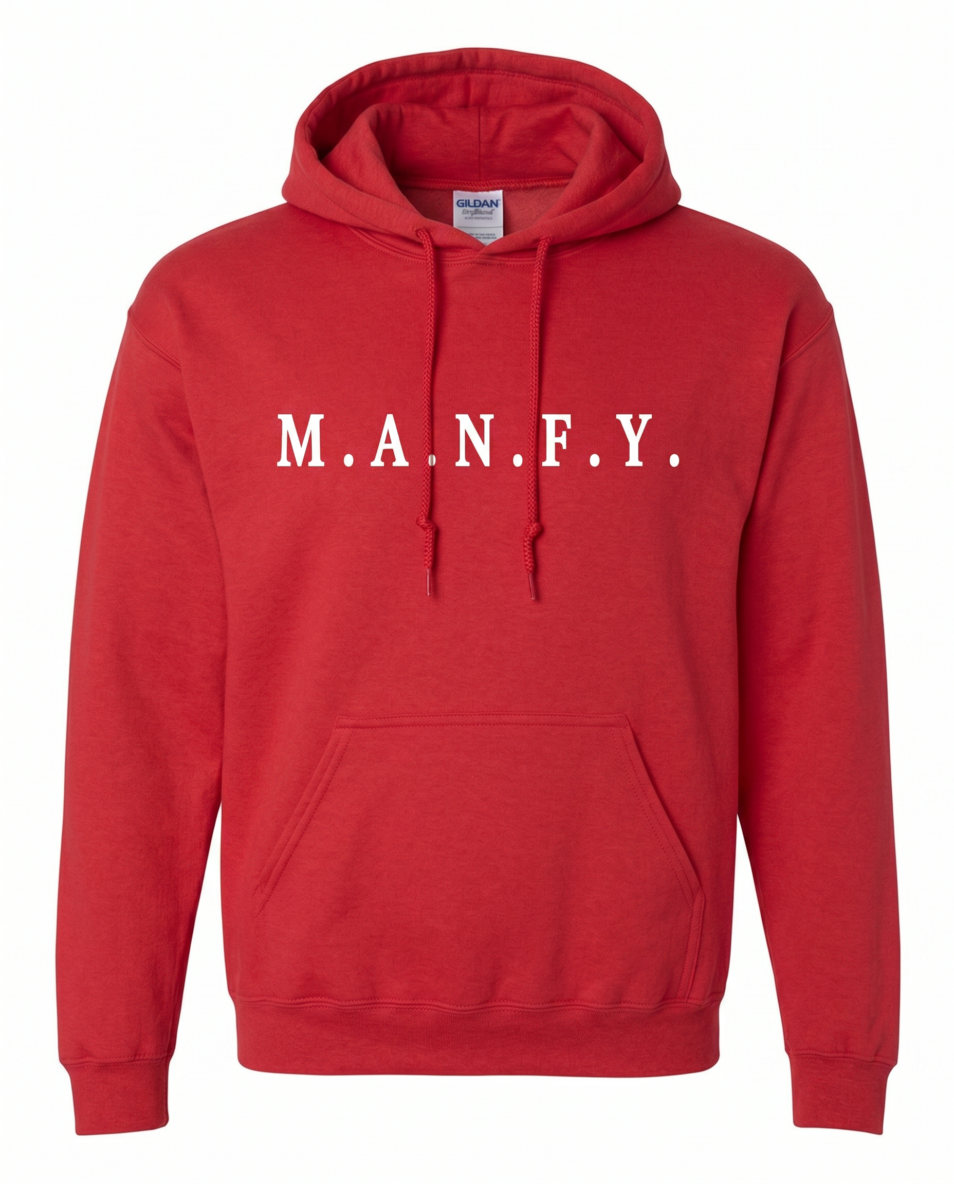 Red M.A.N.F.Y. embroidered premium pullover hoodie front view