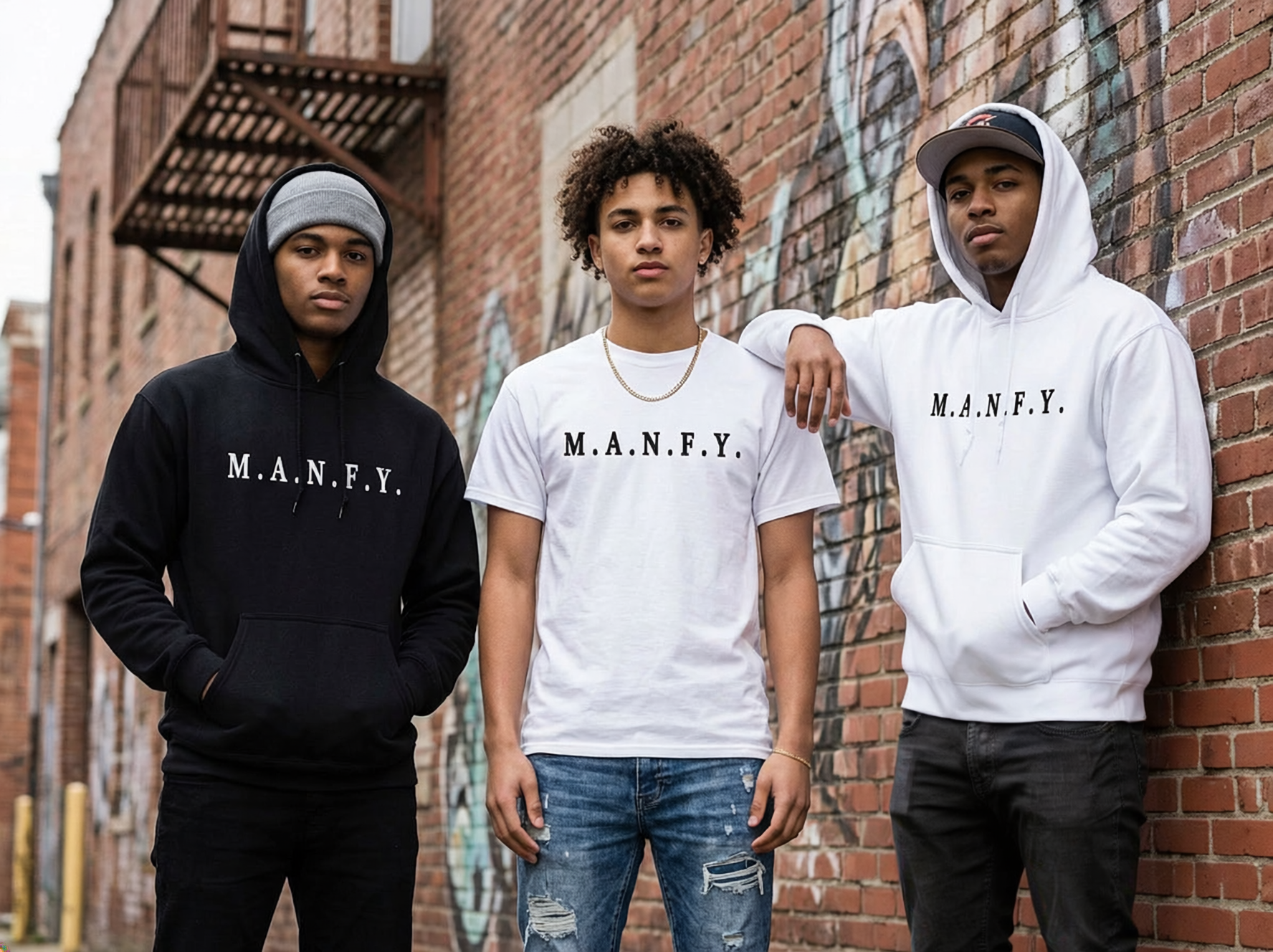 Three models wearing M.A.N.F.Y. streetwear hoodies and t shirts in urban city setting