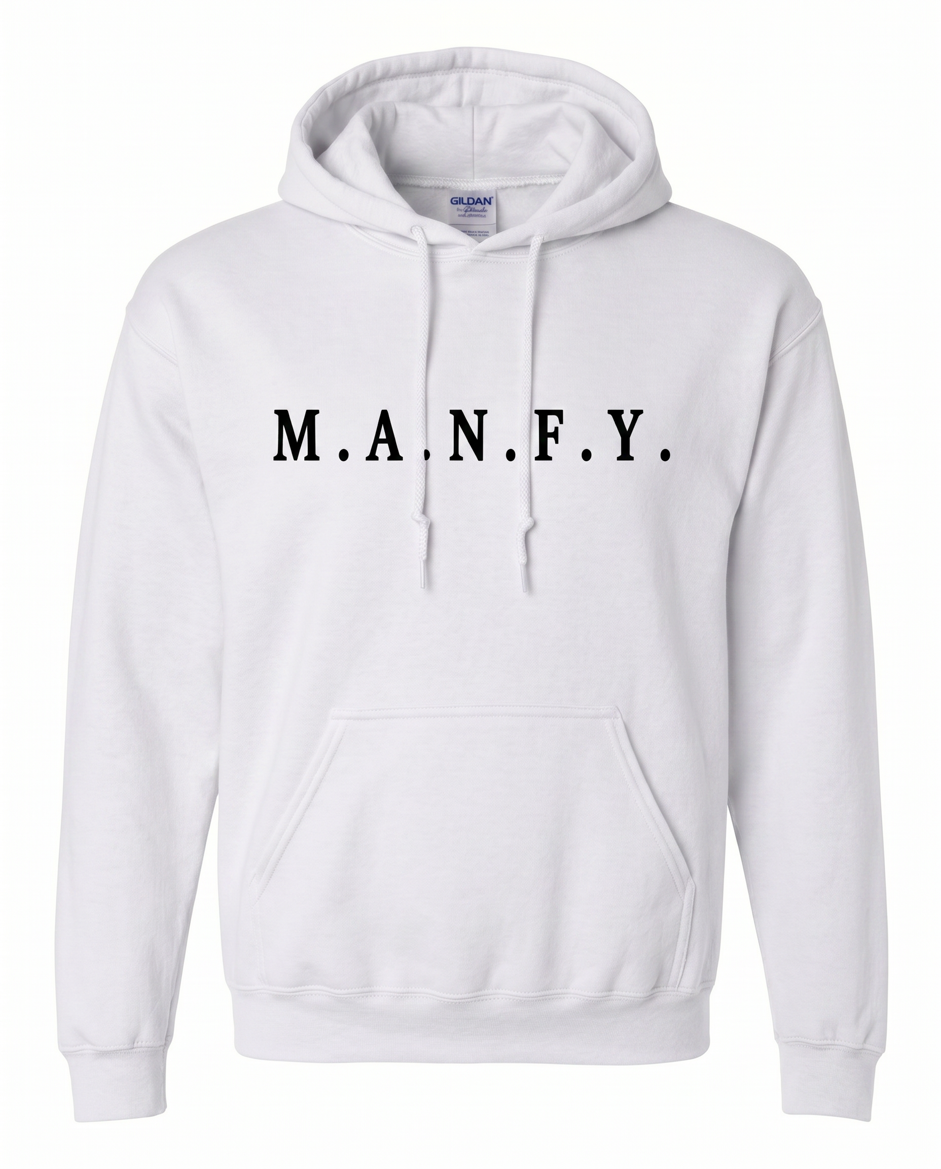 White M.A.N.F.Y. embroidered premium pullover hoodie front view